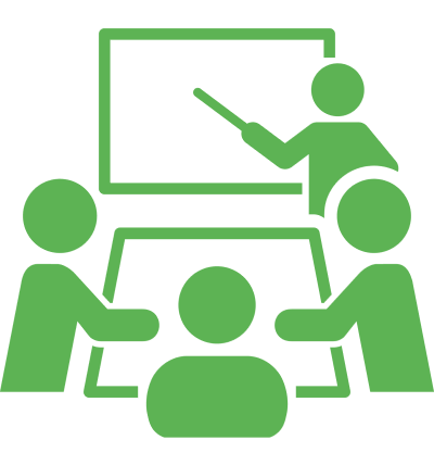 Users at a table with a person pointing to a blackboard icon